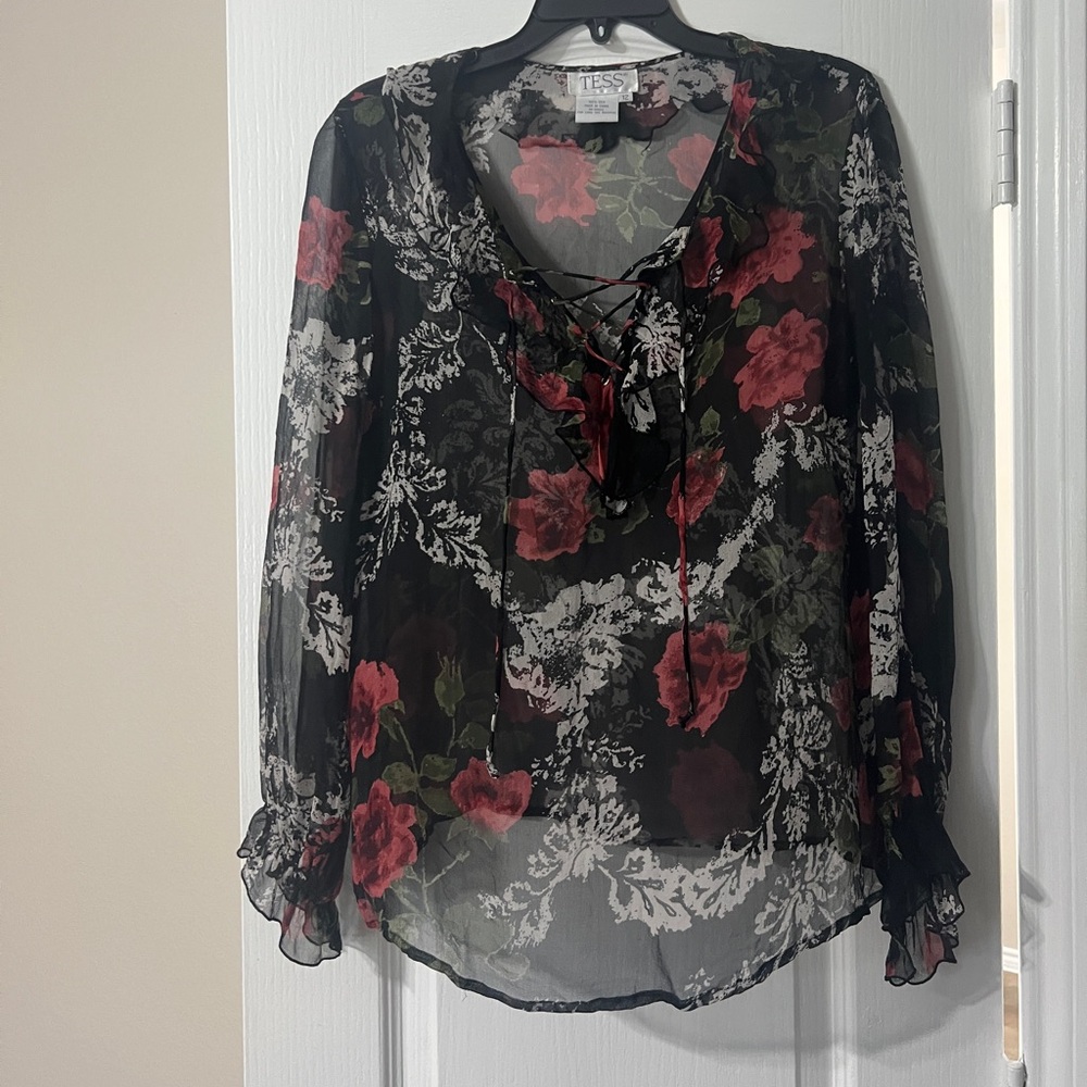 Black Sheer Floral Long-Sleeve Blouse with Red Rose Print